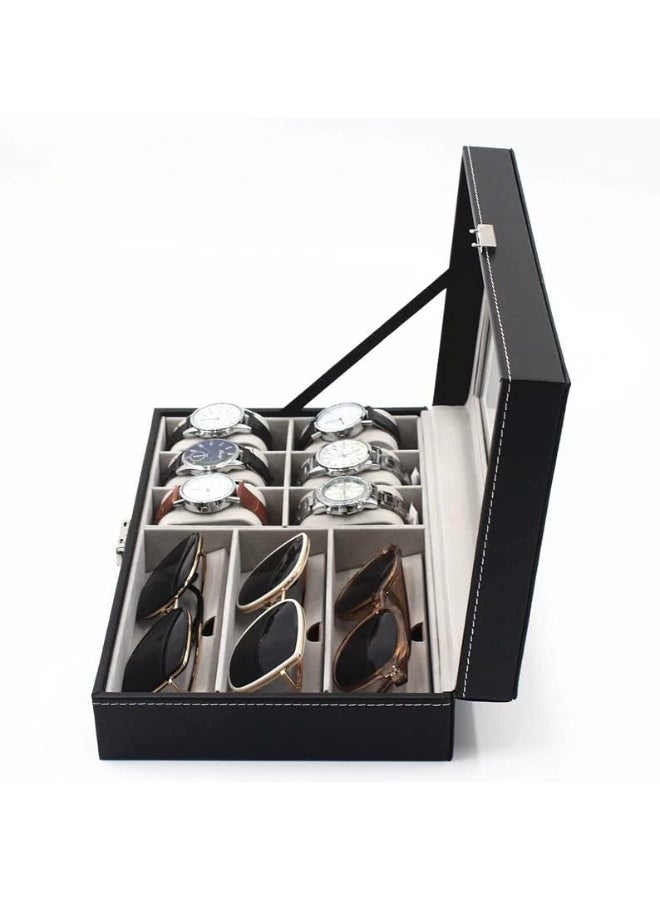 Leather Watch Glasses Box -Watch And Glass Display Case Holder Storage Organizer Jewelry Display- 6 Slots For Watches And 3 Slots For Glasses - Image 4
